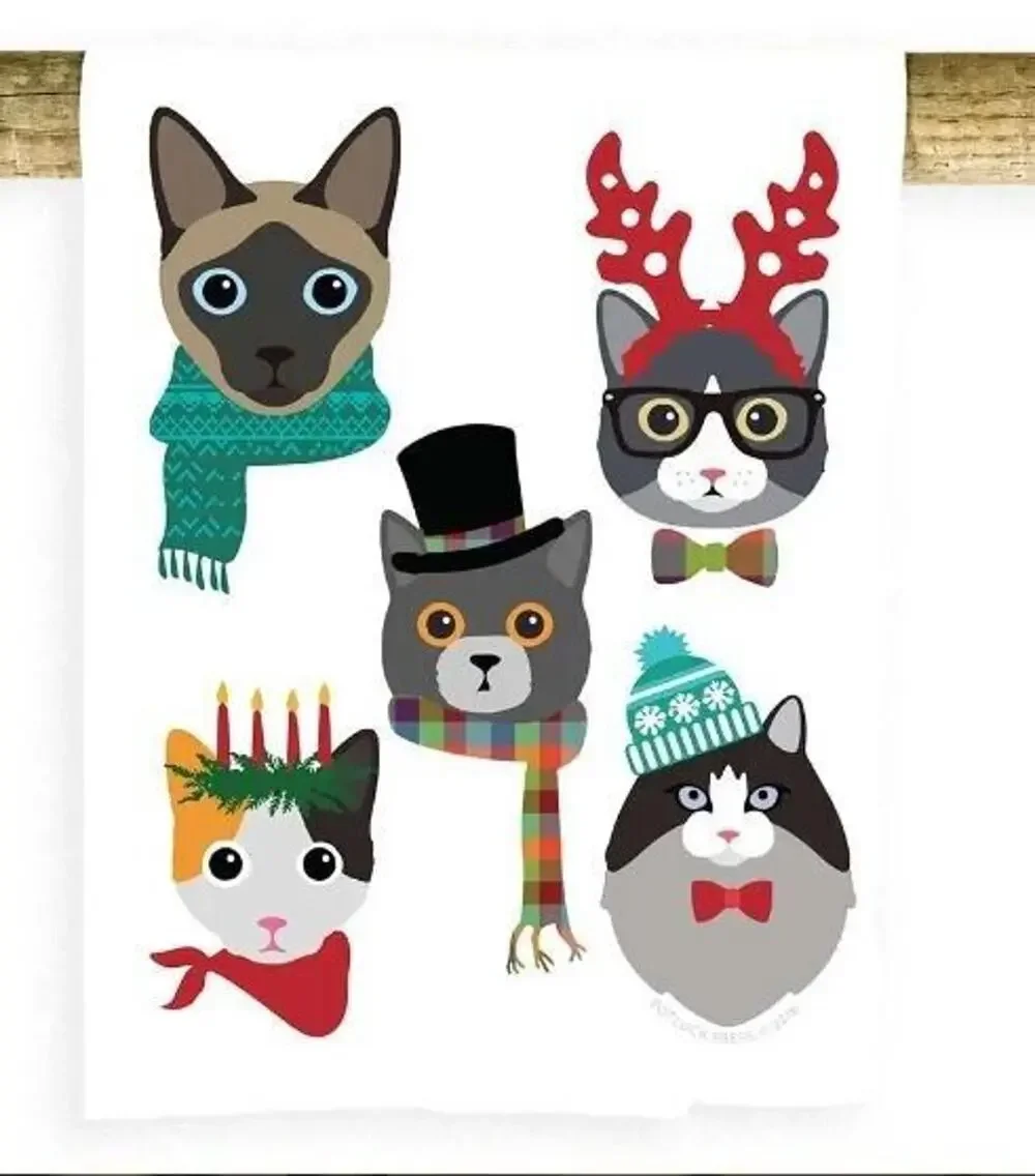 NWT Christmas Holiday Hipster Cat Cats Reindeer Kitchen Flour Sack Tea Towel Set